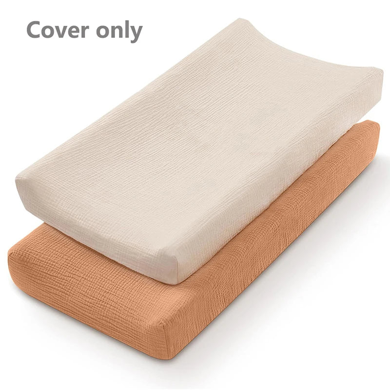 Muslin Cotton Changing Pad Covers 2-Pack with Elastic Edges, Double-Layer Baby Diaper Mat Covers for Newborn Nursery Care and Baby Shower Gifts