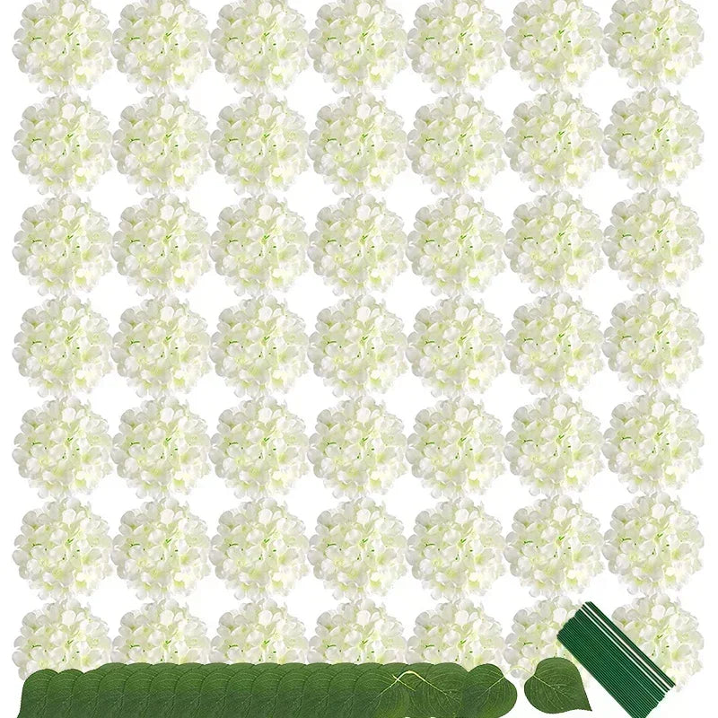 Artificial Hydrangea Flower Heads, 50-Piece Silk-Fabric Floral Set with Stem or Leaf Options for DIY Wedding Centerpieces, Baby Showers and Home Decor