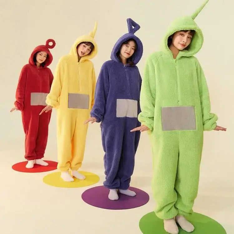 Teletubbies Hooded Onesie Costume for Kids and Adults, Soft Long-Sleeve Character Jumpsuit for Cosplay, Halloween and Family Dress-Up