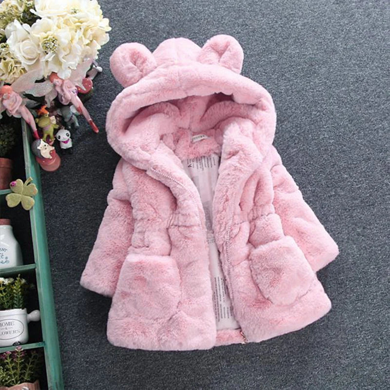 Girls Faux Fur Winter Coat with Bear Ear Hood and Zip Front, Plush-Look Toddler Jacket in Red, Beige, Black or Pink, Sizes 2T–7T