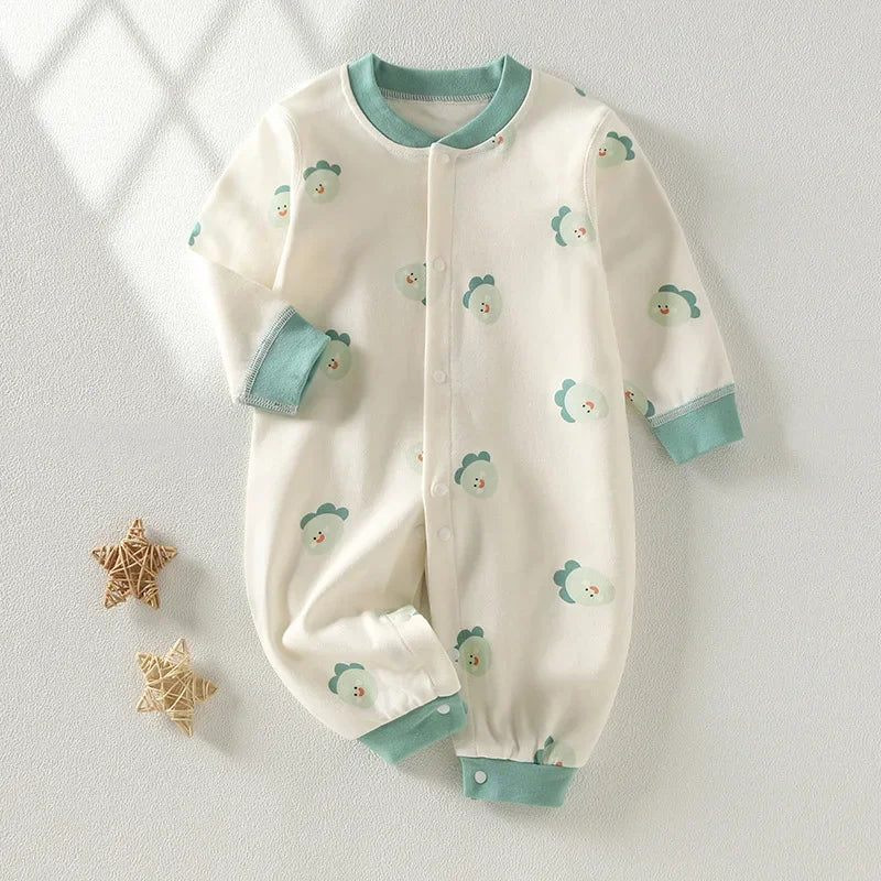 Long Sleeve Cotton Baby Romper with Front Snaps and Footless Cuffs, Animal Prints and Solid Colors for Boys and Girls, Sizes 59-90 cm