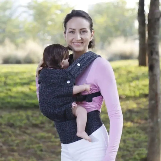 Buckle Baby Carrier with Printed Fabric Panel, Padded Shoulder Straps and Broad Waist Belt, Leopard Houndstooth Checkerboard and Solid Color Options