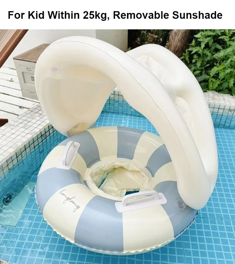 Inflatable Baby Pool Float Seat with Detachable Canopy and Easy-Grip Handles, Retro Striped Swim Ring for Supervised Summer Water Play