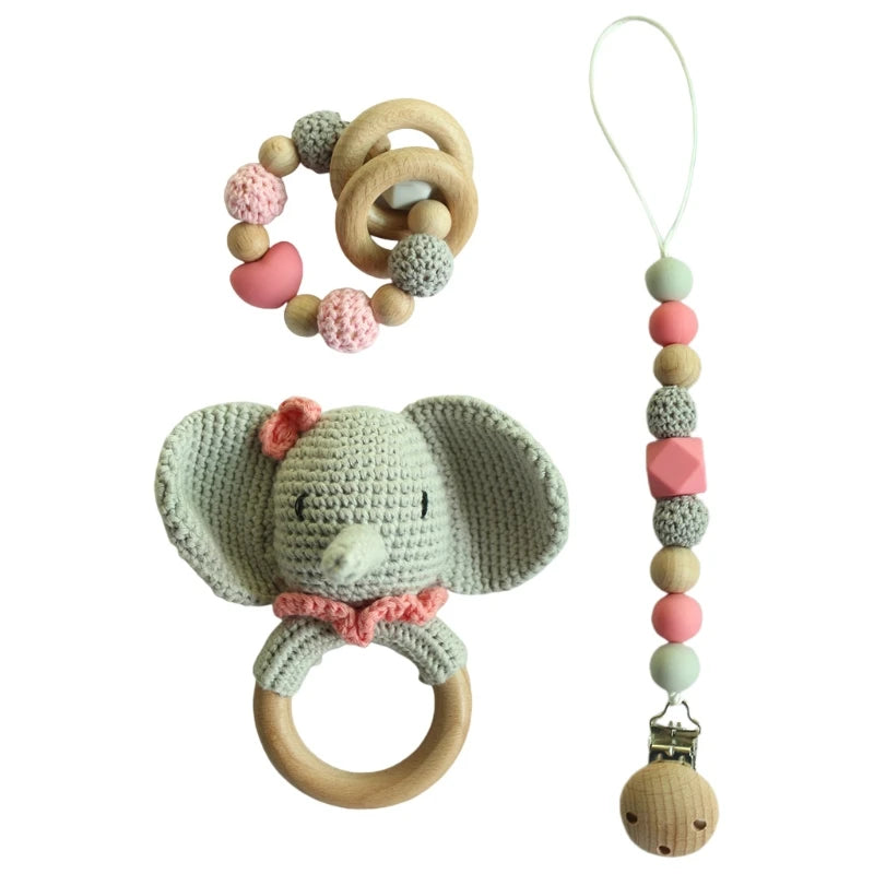 Crochet Animal Rattle Set with Wooden Ring and Coordinating Accessories, Rabbit, Deer and More Designs for Supervised Play and Baby Shower Gifts