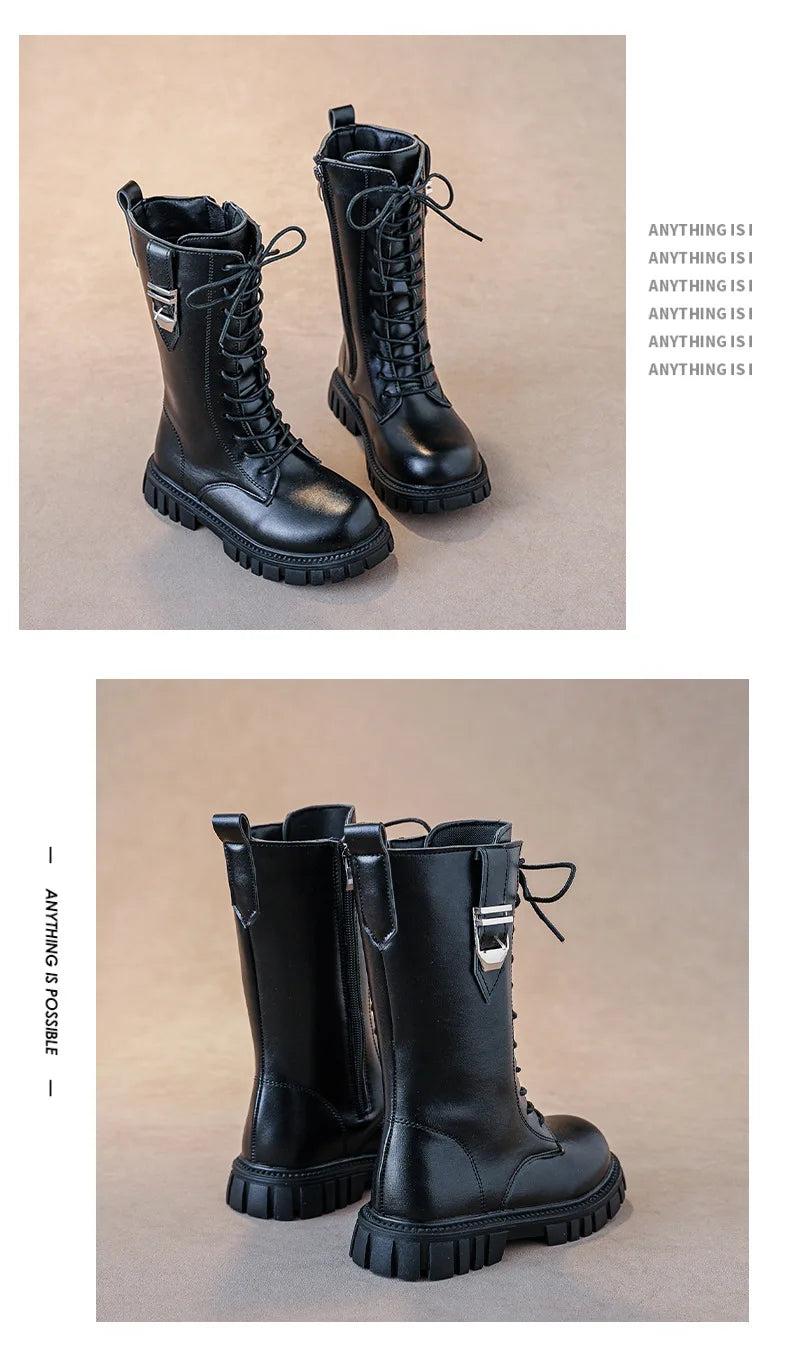 Girls Buckle Detail Tall Boots with Lace-Up Front and Side Zippers, Chunky Lug-Style Soles and Round Toes for Casual Fall Outfits