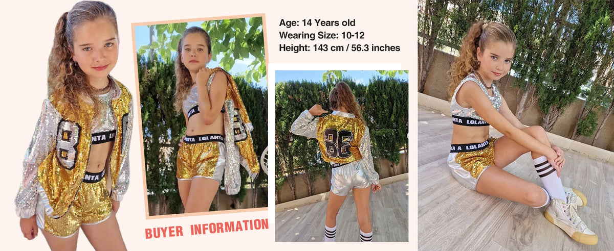Girls Sequin Hip Hop Dance Costume Set with Metallic Trim Jacket, Crop Top, Shorts and Striped Socks for Jazz Recitals and Stage Performances