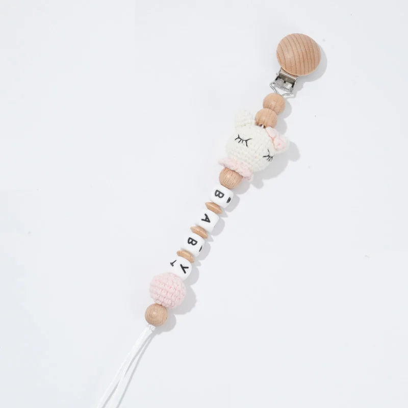 Custom Name Pacifier Clip with Crochet Animal Detail, Beech Wood Holder and Letter Beads, Personalized Baby Shower Gift for Everyday Outings