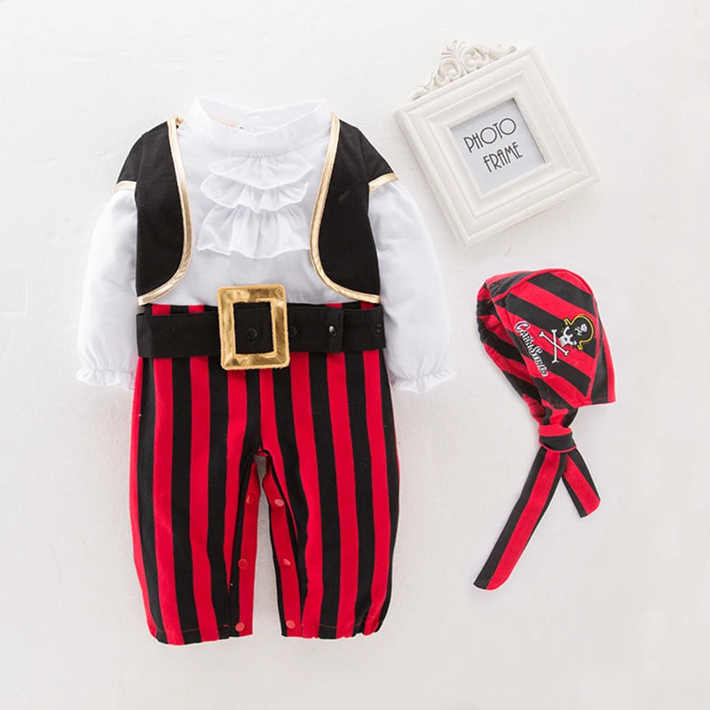 Infant Pirate Romper Costume Set with Vest, Head Scarf and Belt, Cotton Blend Red Stripe Outfit for Baby and Toddler Halloween Parties
