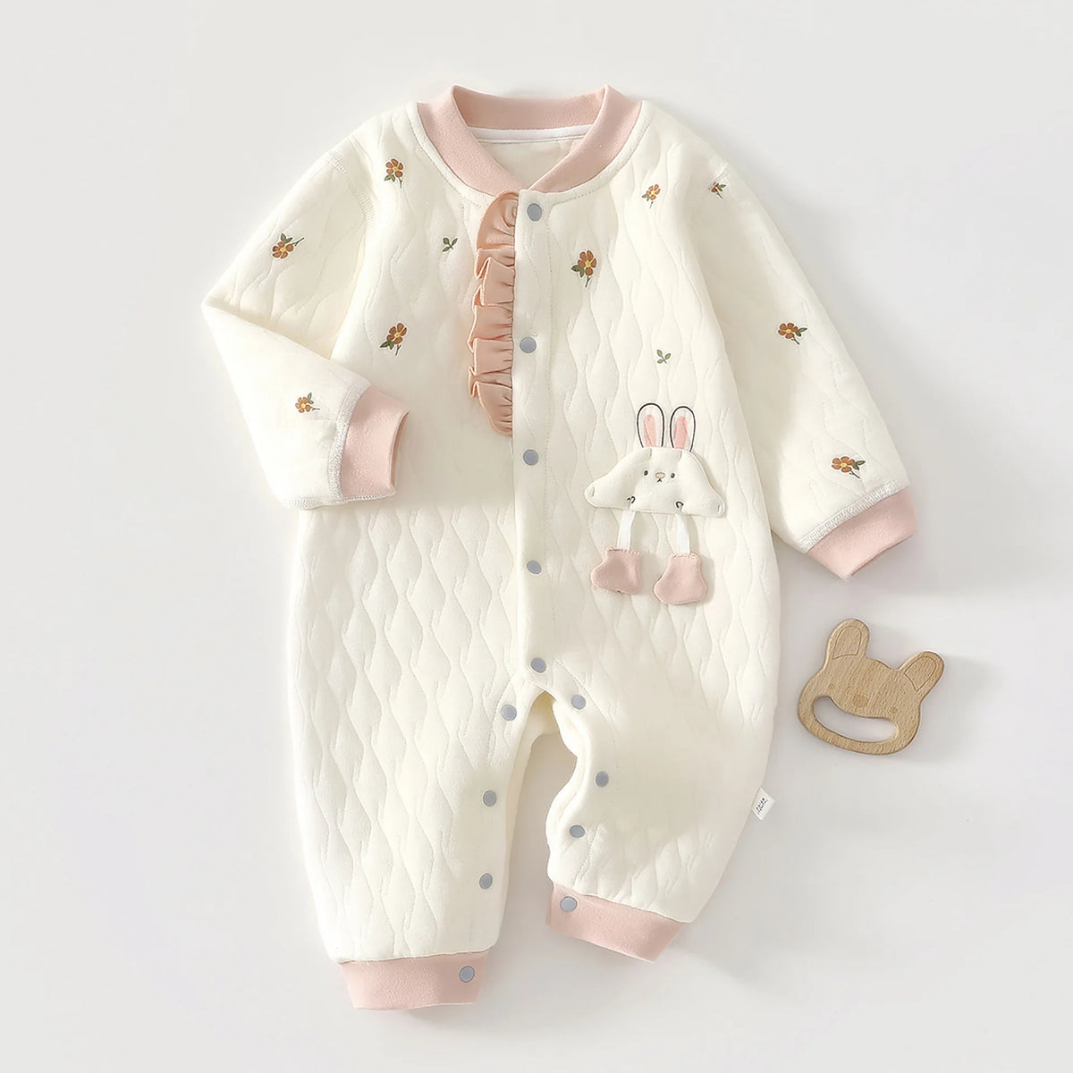 Quilted Baby Snap-Front Romper with Cartoon Dog or Dinosaur Details, Long Sleeve Footless Jumpsuit with Contrast Cuffs for Infant Everyday Outfits