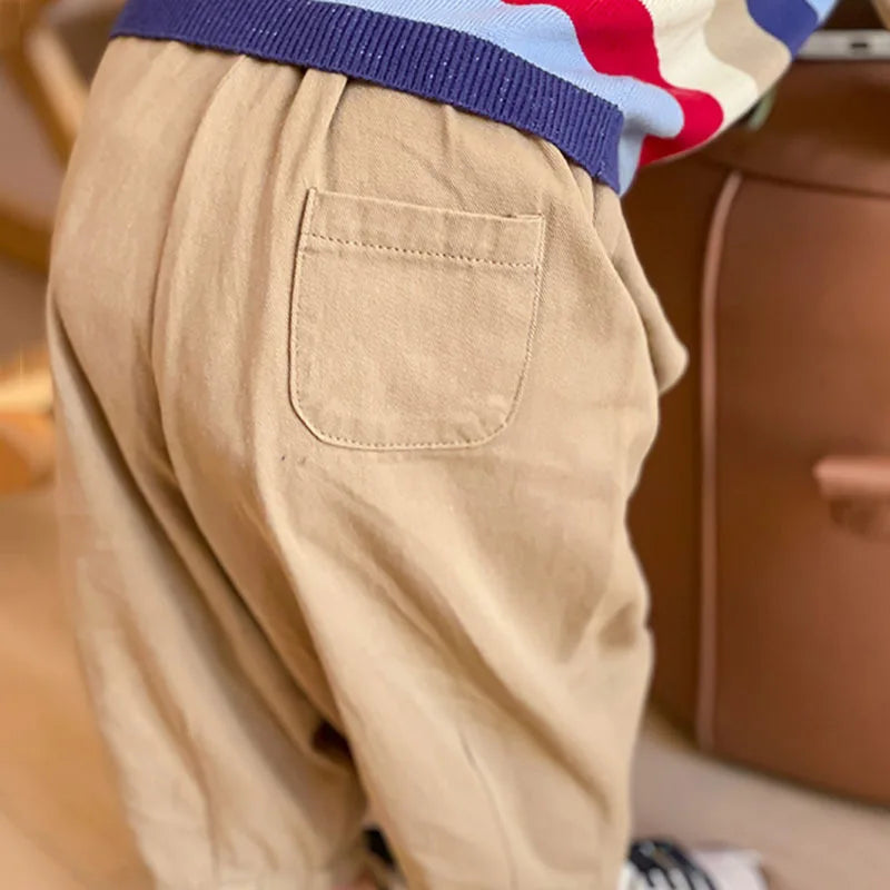 Elastic Waist Toddler Trousers with Loose Legs and Patch Pocket, Neutral Pull-On Pants for Boys and Girls in Beige Khaki and Carbon Gray, Sizes 12M-5T