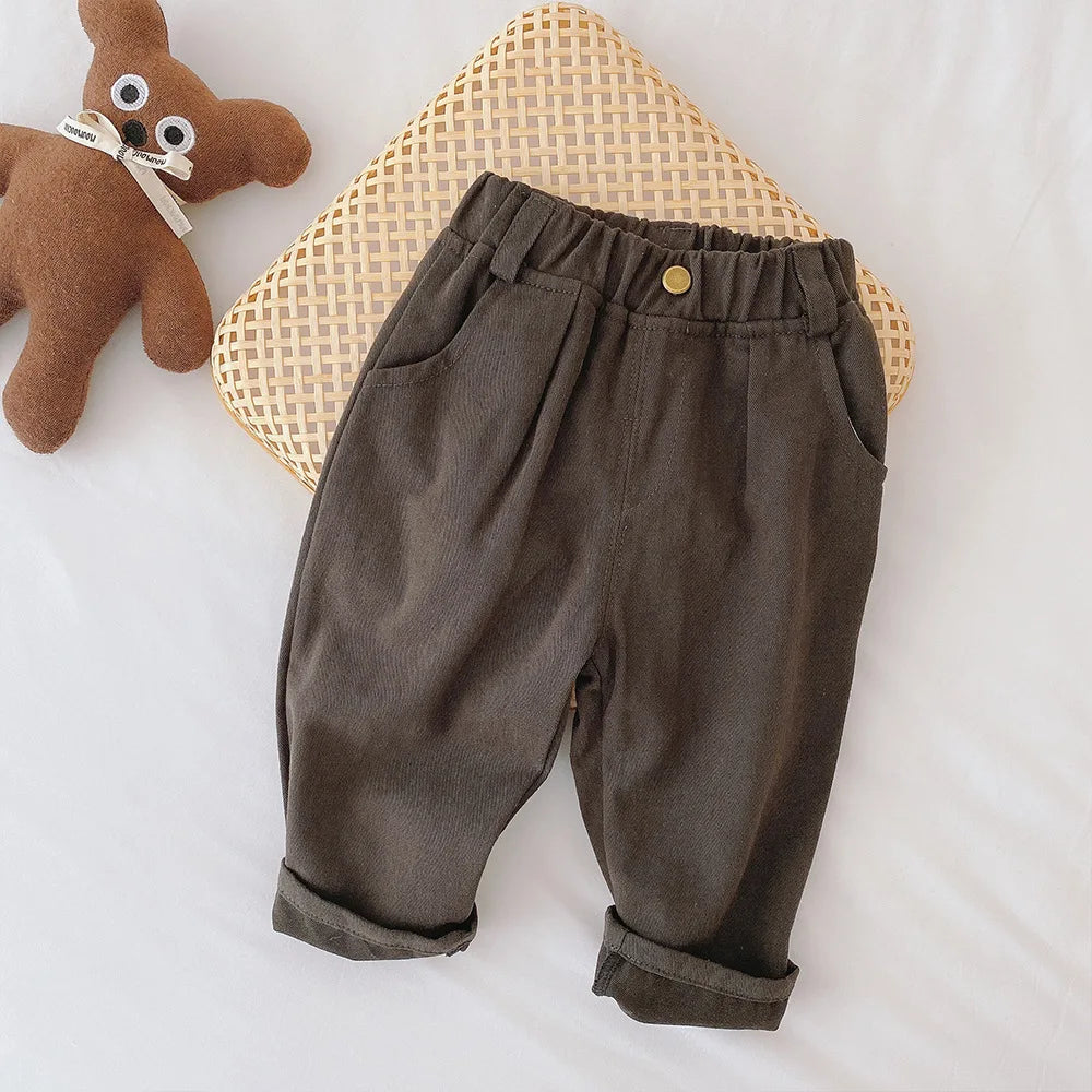 Toddler Cotton Canvas Pants with Elastic Waist and Side Pockets, Unisex Beige or Dark Gray Casual Trousers for Spring and Fall, Sizes 12M-6T