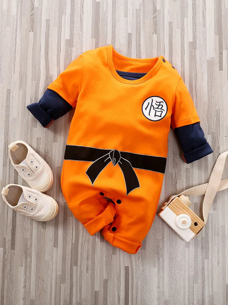 Orange Baby Romper with Training-Outfit Print, Contrast Long Sleeves and Snap Closures, Cotton One-Piece for Boys and Girls, Sizes 0-18M