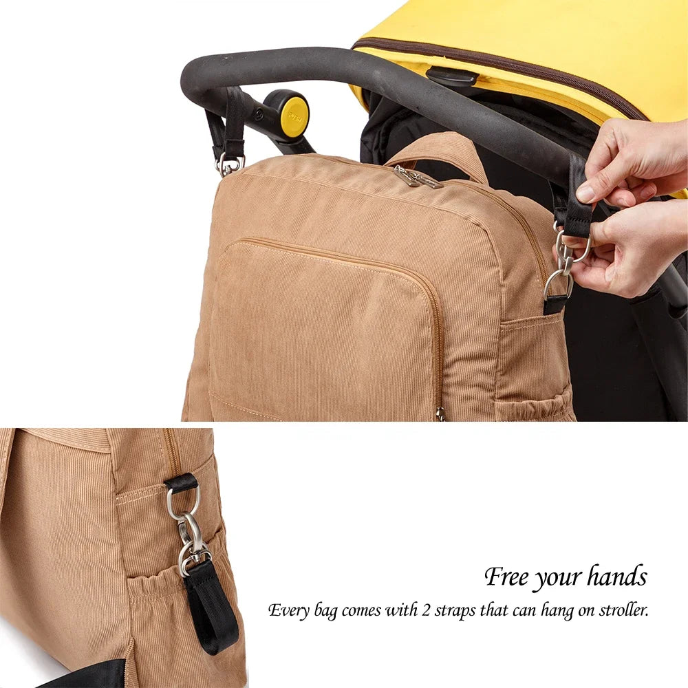 Corduroy Diaper Backpack by Soboba, Large Capacity Baby Changing Bag with Interior Pockets, Front Zip Storage and Side Pockets for Daily Outings
