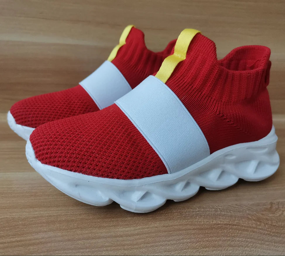 Sonic-Inspired Red Slip-On Shoes with White Band Detail and White Soles, Game-Themed Casual Footwear with Ring and Gem Options for Kids