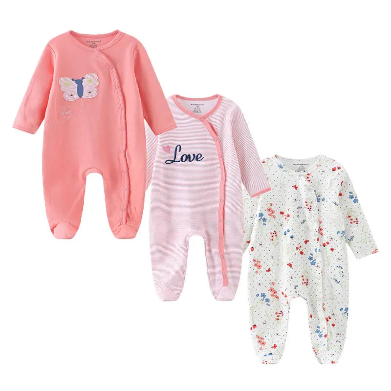 Baby Footed Jumpsuits 3-Pack, 100% Cotton Long Sleeve Cartoon Rompers for Newborn Boys and Girls, Fall and Winter Everyday Outfits