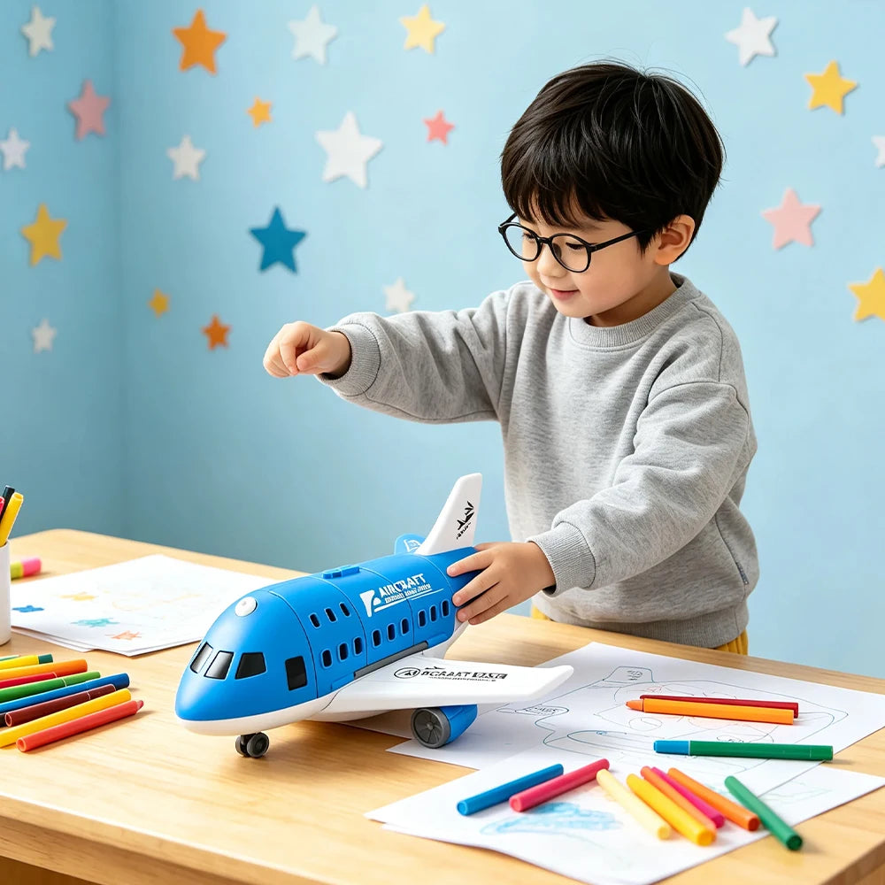 Passenger Airplane Toy with Foldable Storage Design, Wheeled Plane Model for Kids Pretend Airport Play in Red, Blue, Yellow or Green