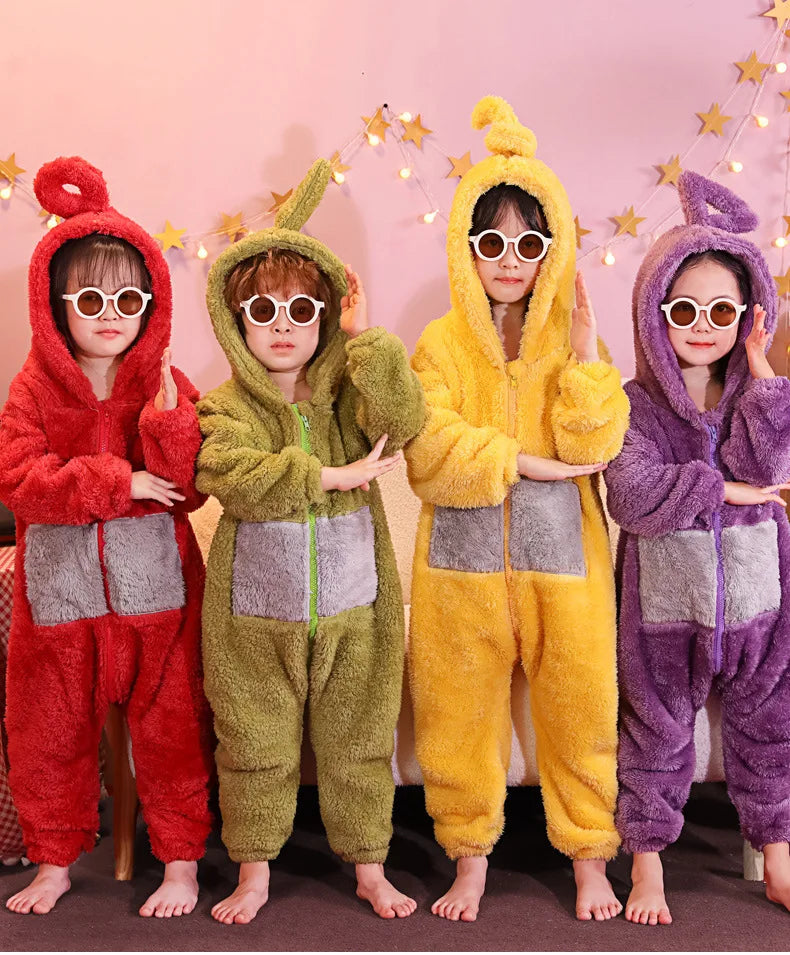 Teletubbies Hooded Onesie Costume for Kids and Adults, Soft Long-Sleeve Character Jumpsuit for Cosplay, Halloween and Family Dress-Up