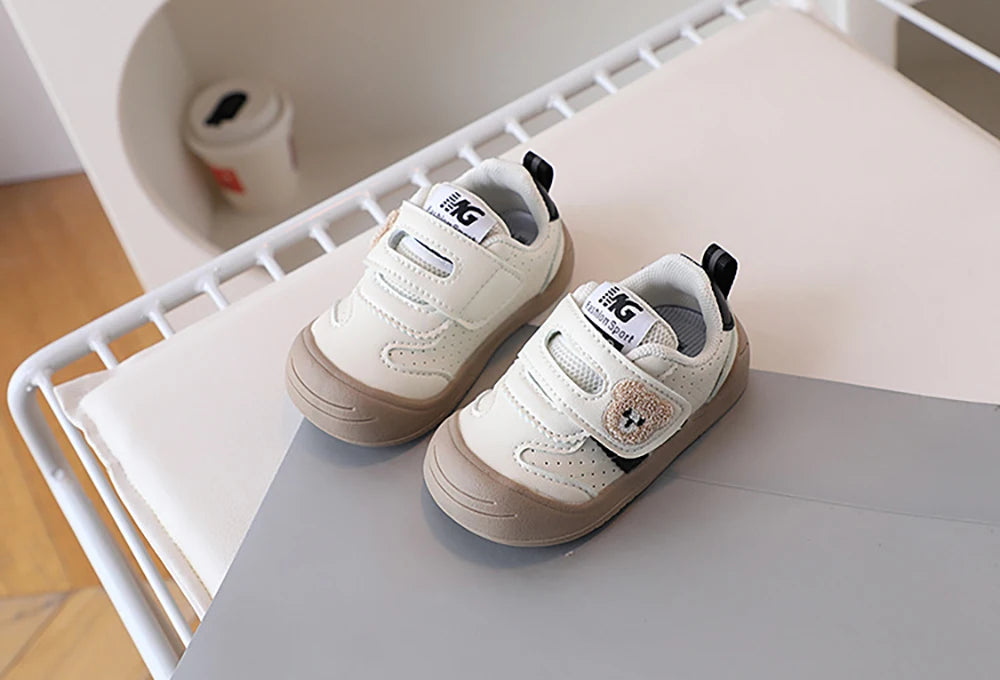 Toddler Bear Sneakers with Hook-and-Loop Strap, Perforated Upper and Striped Sides, Baby Boys and Girls Casual Shoes in Black Gold or Red, Sizes 16-25