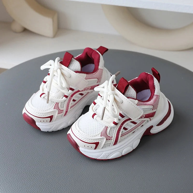 Children Mesh Sports Sneakers with Layered Panels, Lace and Strap Styling for Boys and Girls, Casual Spring and Fall Shoes in Red, Khaki or Black