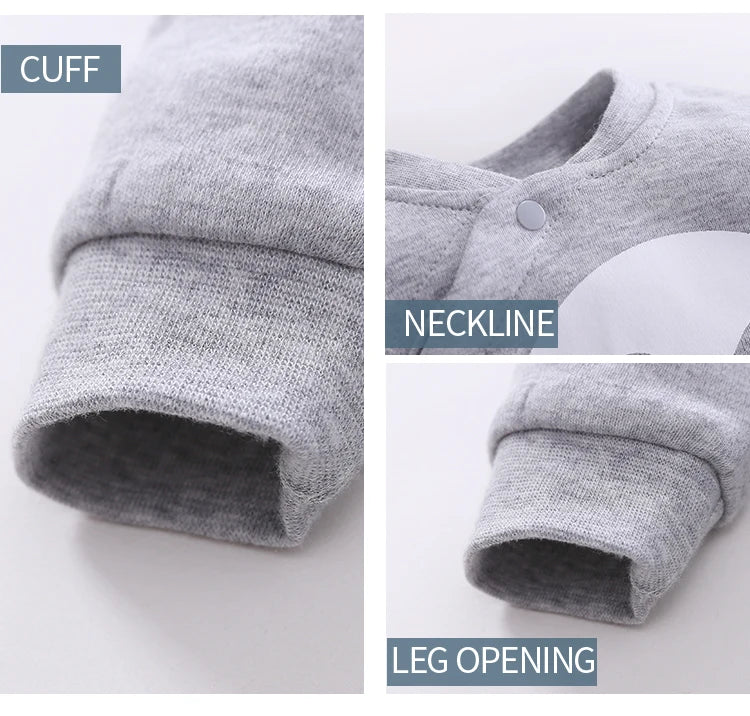 Gray Baby Romper and Hat Set with Cotton Long Sleeve Jumpsuit, Curved Snap Front and White Belly Graphic for Spring and Fall, 0-12M