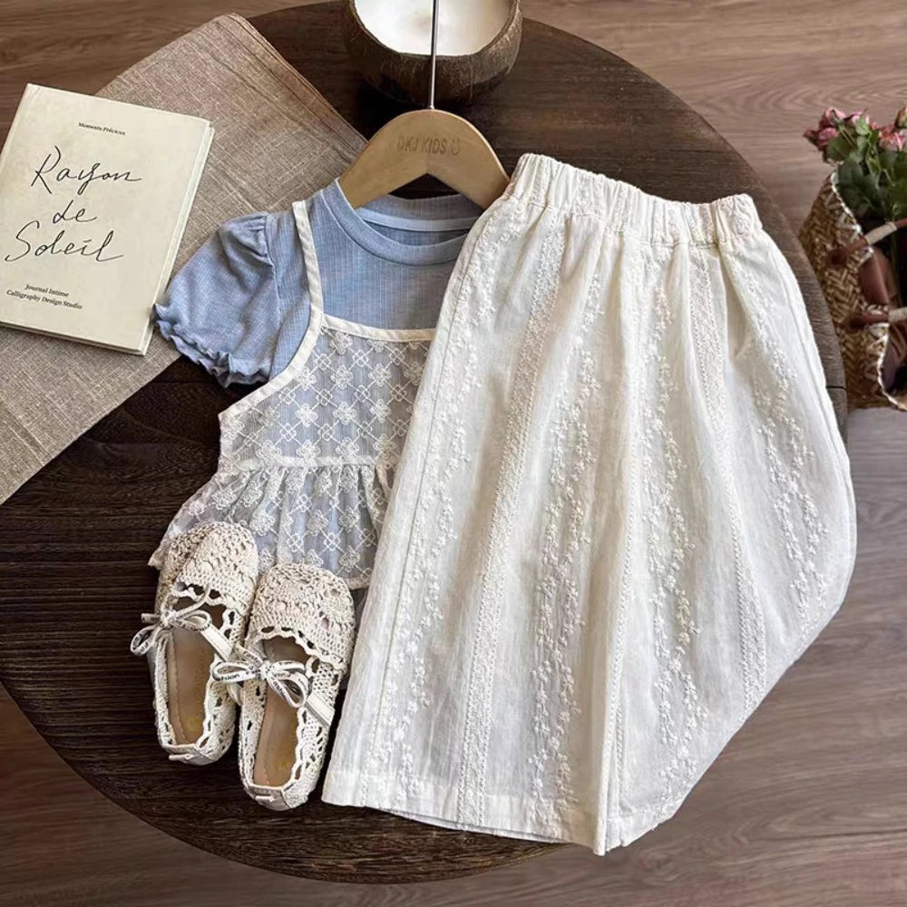 Girls Summer Top and Pants Set, Blue Short-Sleeve Lace Layered-Look Shirt with White Wide Leg Trousers for Family Photos and Outings, Sizes 2Y-7Y