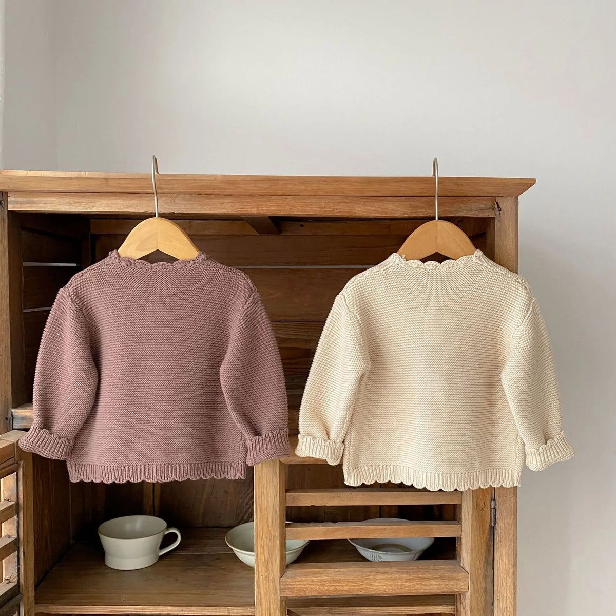 Scalloped Neck Baby Cardigan with Button Front, Textured Knit and Ribbed Cuffs, Long Sleeve Infant and Toddler Sweater in Khaki or Apricot