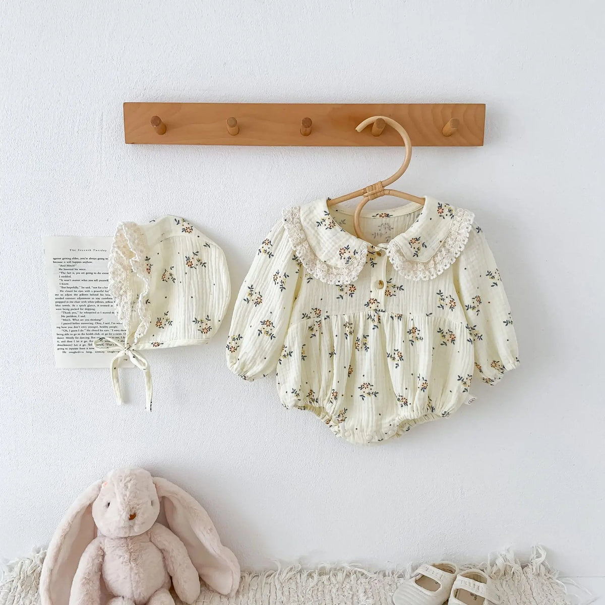 Lace Collar Baby Girl Romper with Bonnet, Cream Floral Long Sleeve Bubble One-Piece and Matching Hat for Spring Photos, Sizes 66-90