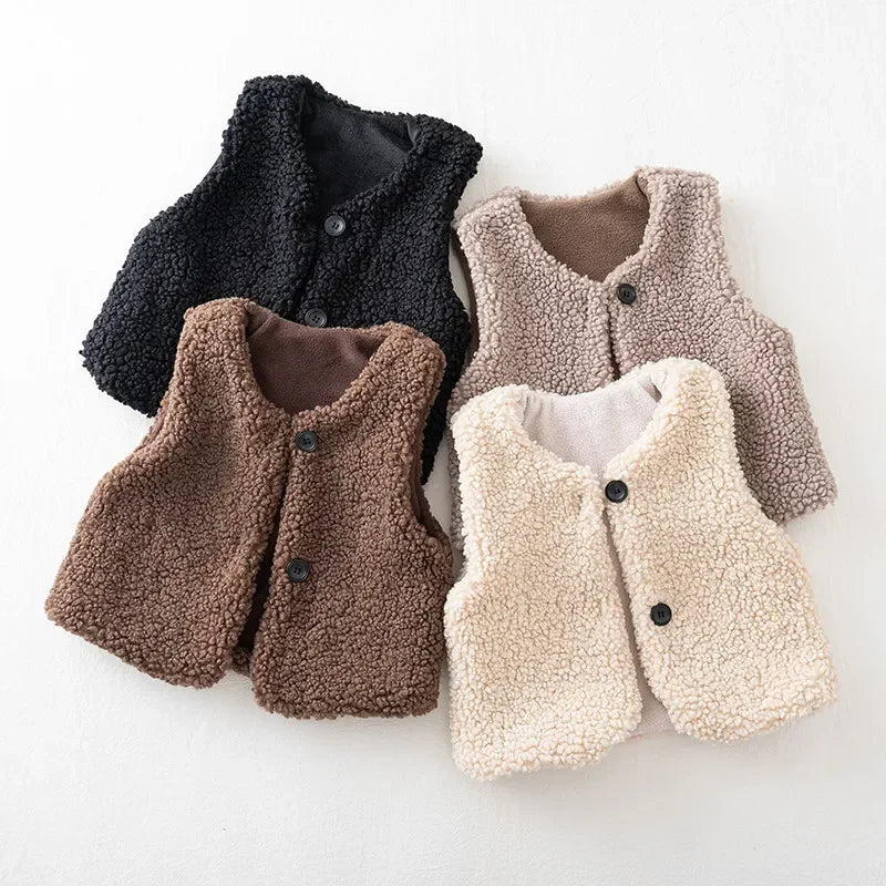 Toddler Faux Fur Vest with V-Neck and Button Front, Plush Sleeveless Waistcoat for Boys and Girls Ages 1-6, Fall and Winter Layering