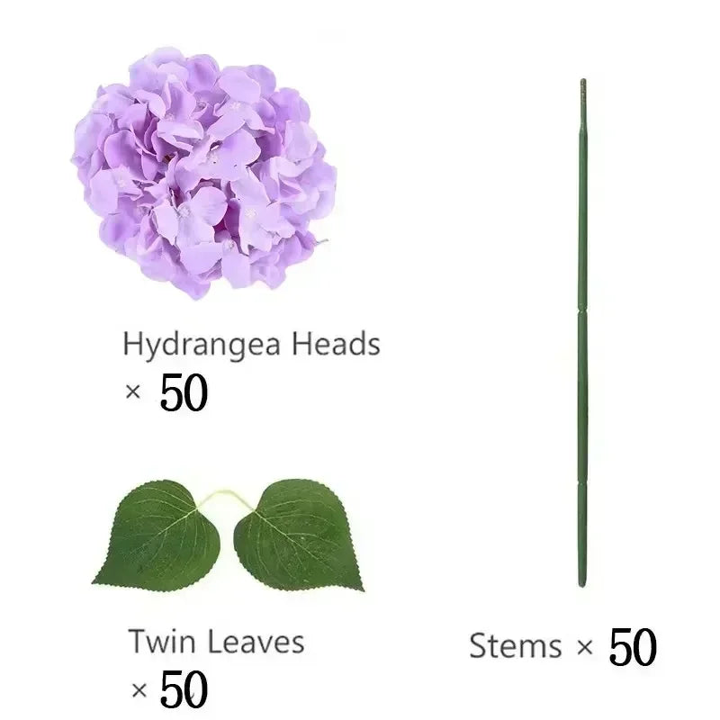 Artificial Hydrangea Flower Heads, 50-Piece Silk-Fabric Floral Set with Stem or Leaf Options for DIY Wedding Centerpieces, Baby Showers and Home Decor