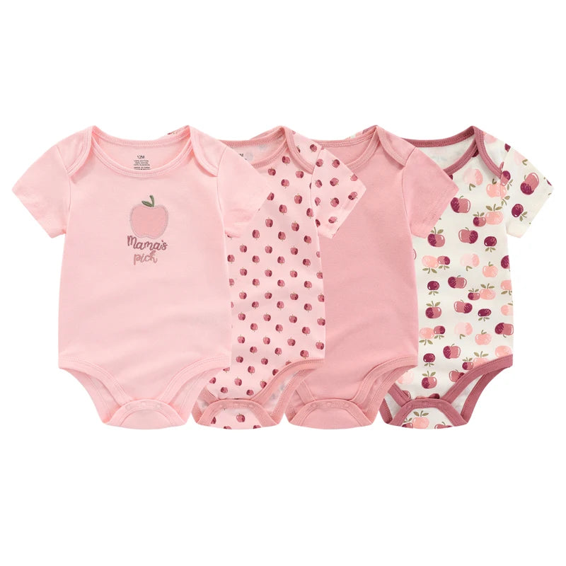 Baby Bodysuit 4-Pack by Kiddiezoom, 100% Cotton Short Sleeve Infant Basics with Envelope Shoulders and Mixed Prints for Boys and Girls, 3M-12M