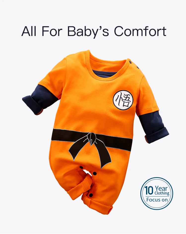 Orange Baby Romper with Training-Outfit Print, Contrast Long Sleeves and Snap Closures, Cotton One-Piece for Boys and Girls, Sizes 0-18M