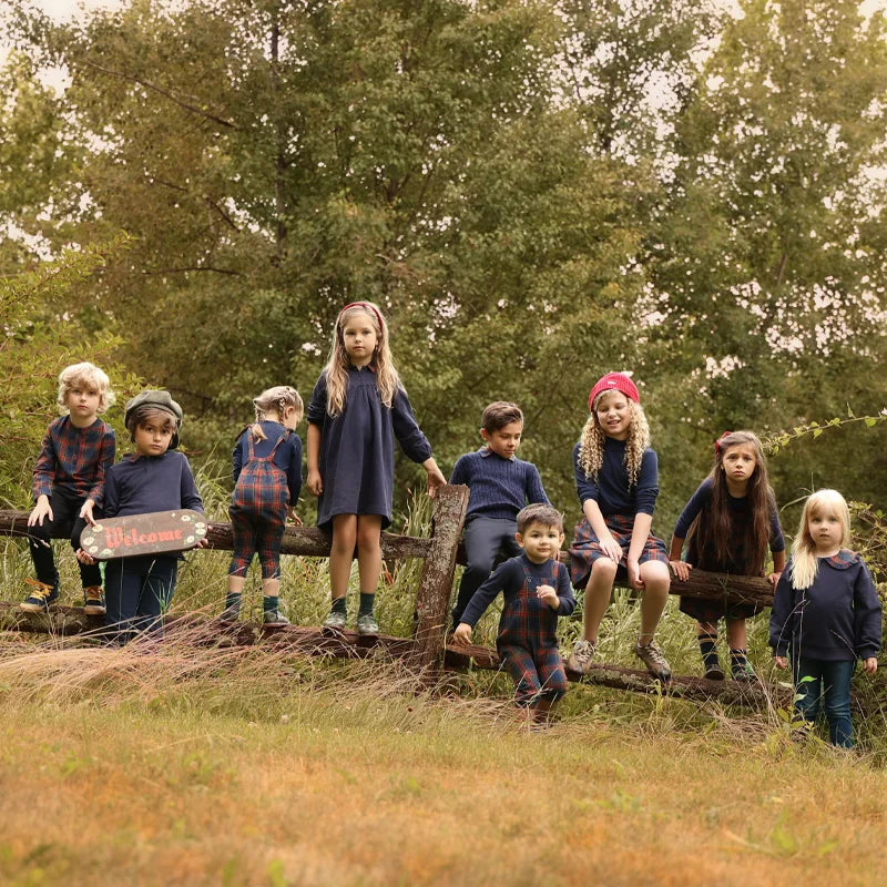 Navy Tartan Sibling Matching Outfits, 100% Cotton Plaid Jumper Dresses, Teen Skirts, Baby Rompers and Coordinating Boys and Girls Tops