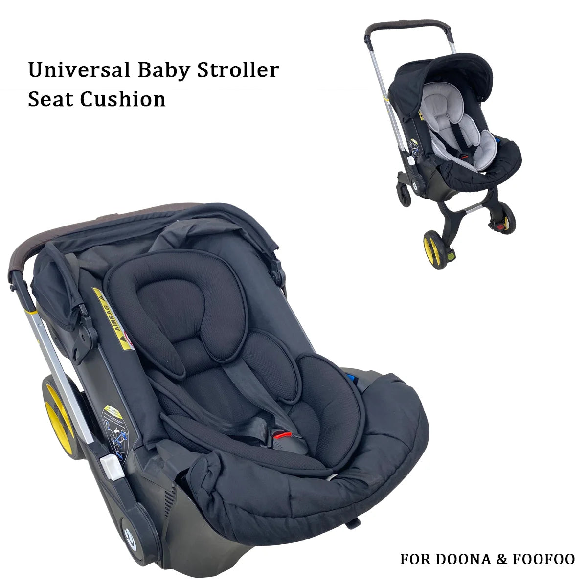 Contoured Baby Stroller Seat Cushion with Padded Head and Body Sections, Polyester-Filled Washable Seat Insert in Black or Gray
