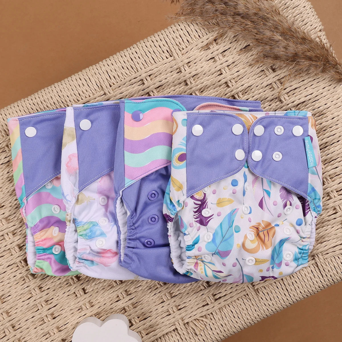 Pocket Cloth Diapers 4-Pack by Happyflute, Reusable Baby Nappies with Printed PUL Outer, Suede Cloth Lining and Snap Closures for 3–15 kg