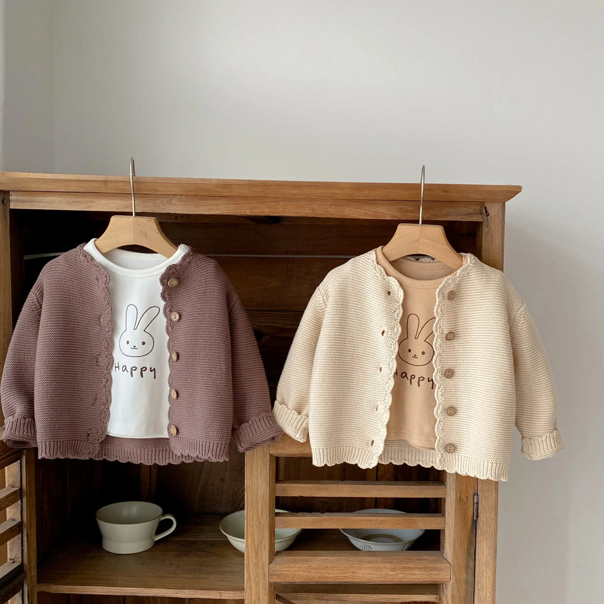 Scalloped Neck Baby Cardigan with Button Front, Textured Knit and Ribbed Cuffs, Long Sleeve Infant and Toddler Sweater in Khaki or Apricot