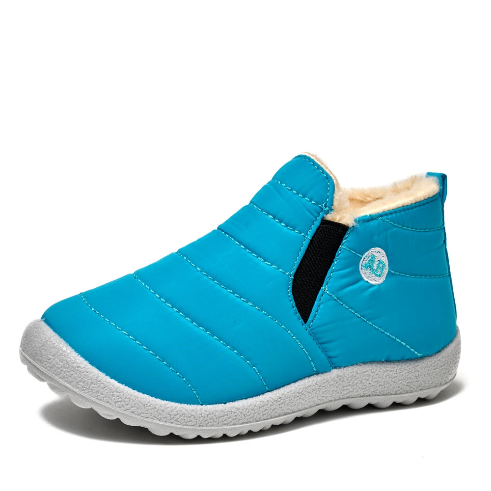 Kids Quilted Ankle Winter Boots with Plush Lining and Side Zippers, Blue Padded Cold-Weather Shoes with Rounded Toes, Sizes 26–35