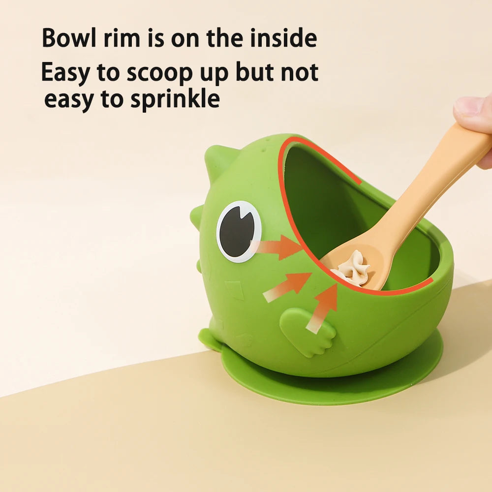 Dinosaur Silicone Suction Bowl with Slotted Snack Lid, Cartoon Baby Feeding Dish for Supervised Weaning Meals and Toddler Snacks