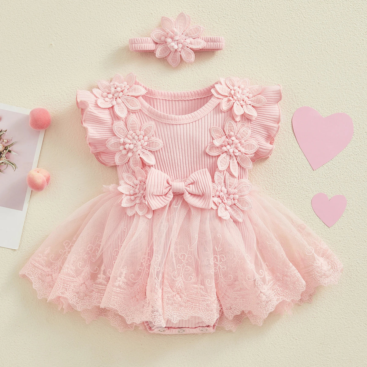 Flower Applique Baby Girl Romper Dress with Headband, Lace Mesh Skirt and Waist Bow, Cotton Blend Summer Occasion Outfit for 0-18 Months