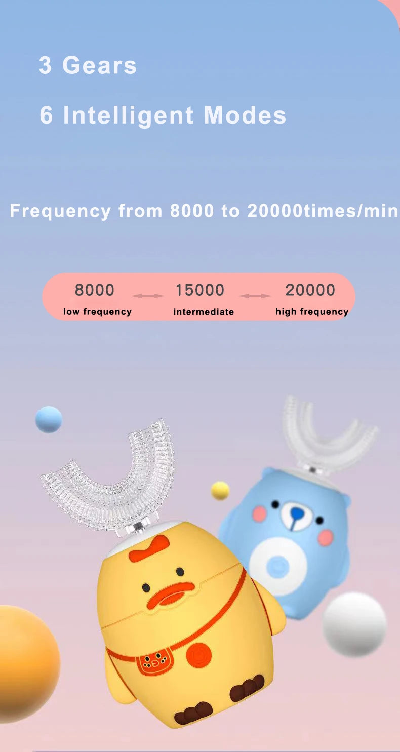 Children’s Rechargeable Toothbrush with U-Shaped Silicone Head, Cartoon Handle, Three Sonic Modes and Automatic Timer for Ages 2–15