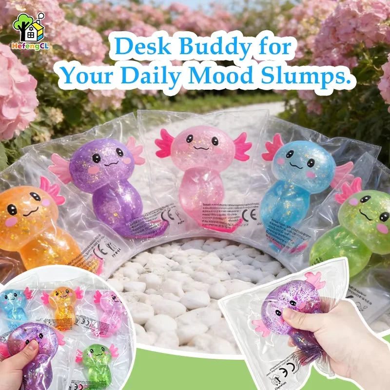 Axolotl Squishy Toy with Glitter, Soft TPR Salamander Squeeze Fidget for Gentle Tactile Play, One Random-Color Animal Lover Gift