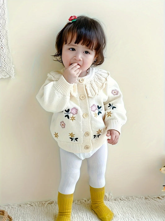 Girls Floral Embroidered Cardigan with Ruffle Collar, Beige Long Sleeve Button-Front Knit Sweater for Baby, Toddler and Kids Layering