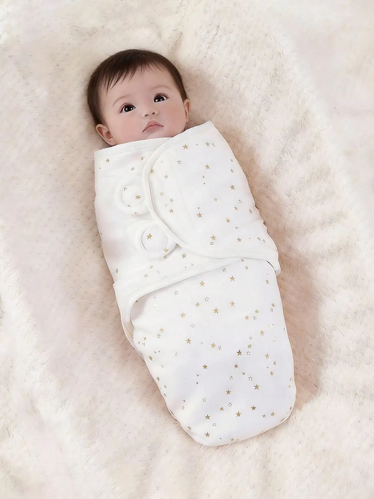 Gold Star Baby Swaddle Wrap for Newborns, Wrap Around Blanket with Overlapping Panels in White, Pink or Blue, Single Piece Nursery Gift