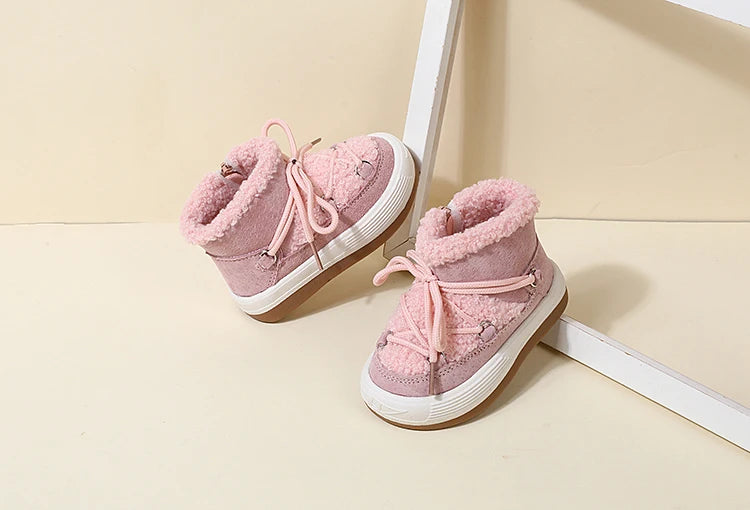 Toddler Plush Ankle Boots with Lace-Up Front, Rubber Soles and Fluffy Trim for Boys and Girls, Beige Black or Pink Cool-Weather Shoes
