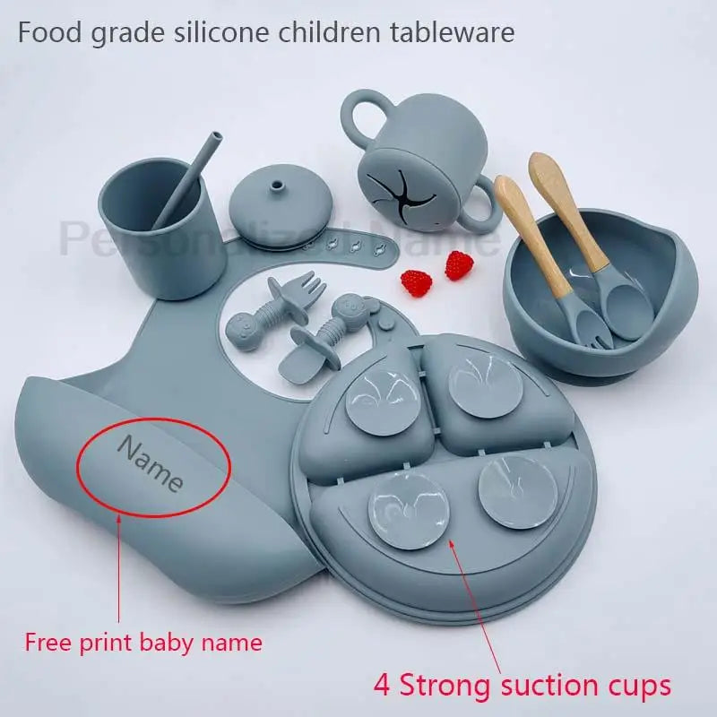 Nine-Piece Personalized Silicone Feeding Set with Suction Bowl, Divided Plate, Pocket Bib, Cups and Utensils for Supervised Baby Mealtimes