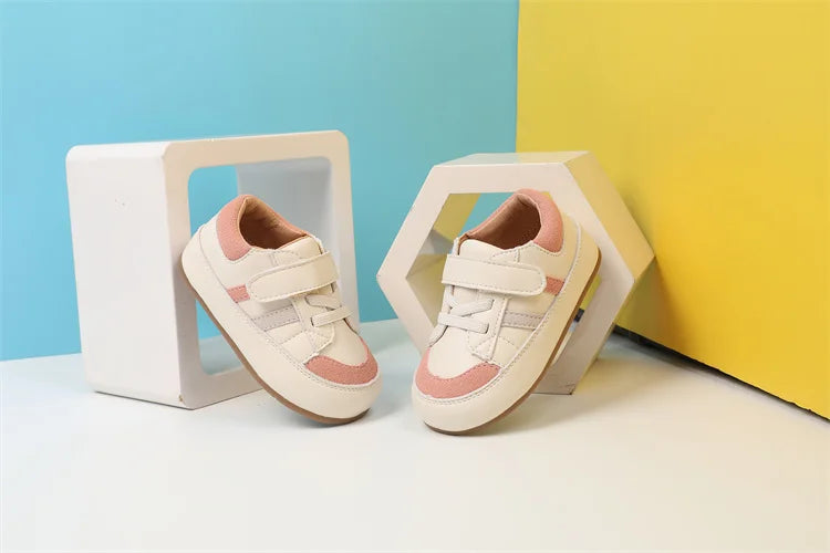 Baby Colorblock Strap Sneakers in Microfiber Leather, DIMI Low-Top Casual Shoes for Boys and Girls in Blue Pink or Brown, Spring and Fall Outfits