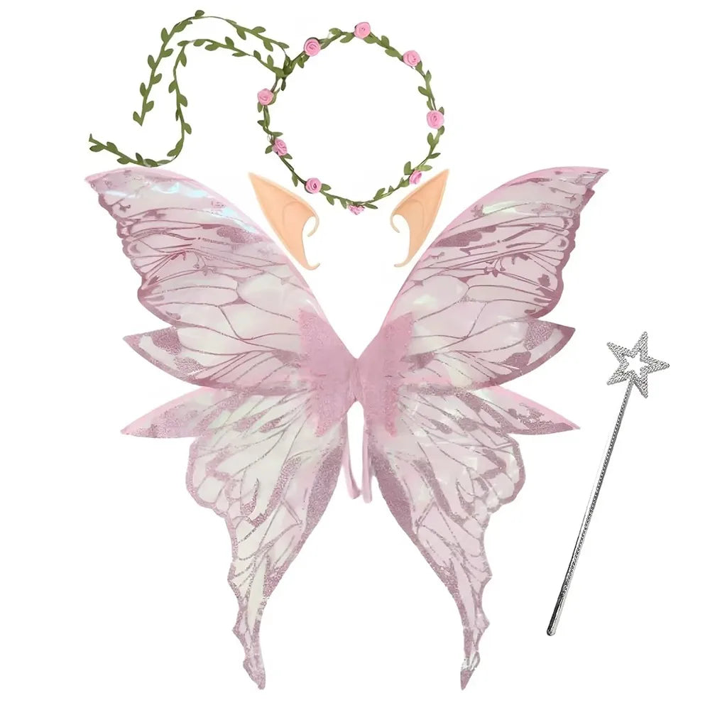 Fairy Wings Costume Set with Organza Butterfly Wings, Elf Ears, Floral Wreath and Star Wand for Halloween, Fantasy Parties and Dress-Up