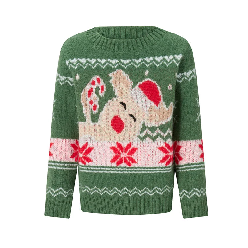 Reindeer Family Christmas Sweaters in Red or Green, Matching Mom Dad and Kids Long Sleeve Crewneck Pullovers for Holiday Photos and Parties