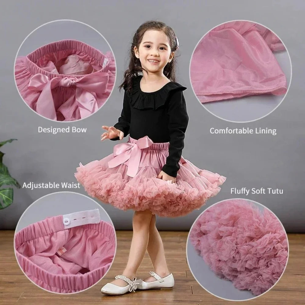 Girls Bow Waist Tutu Skirt with Fluffy Tulle Layers and Satin Lining, Adjustable Elastic Waist Pettiskirt for Birthdays, Dance and Dress Up