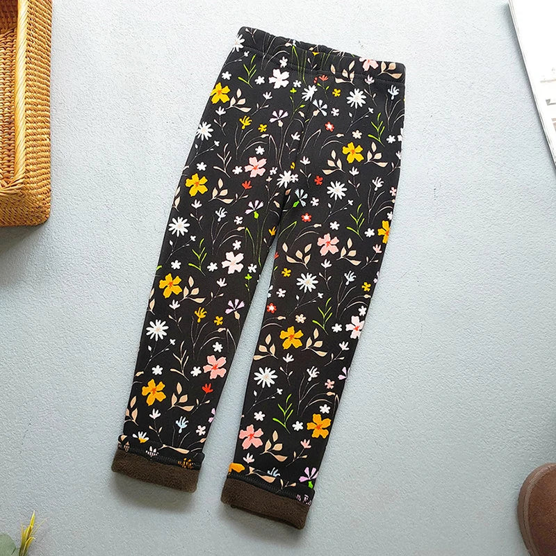 Printed Lined Leggings for Girls, Plush-Textured Winter Pants with Floral Heart and Pattern Options for Toddler and Kids Outfits, Sizes 2-3T to 10-11