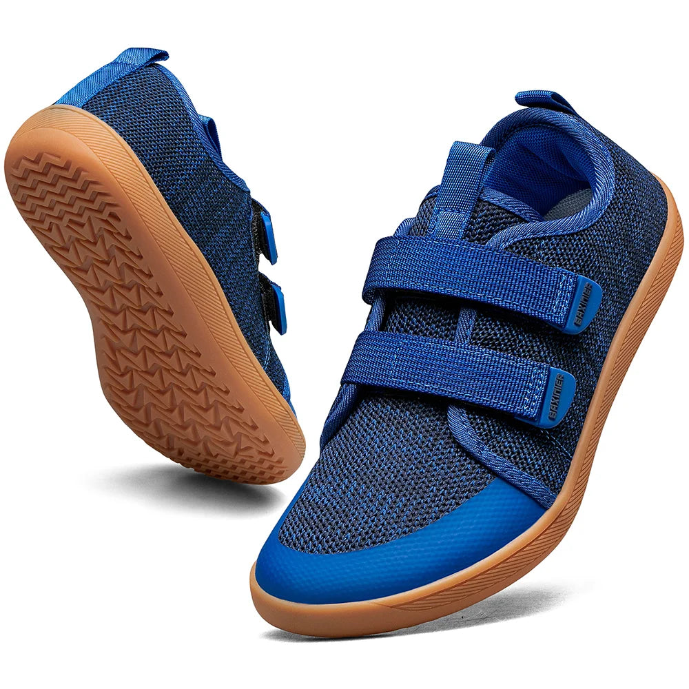 Kids Barefoot-Style Mesh Sneakers with Wide Toe and Double-Strap Fastening, Breathable Knitted Casual Walking Shoes in Gray, Black or Blue for Boys and Girls